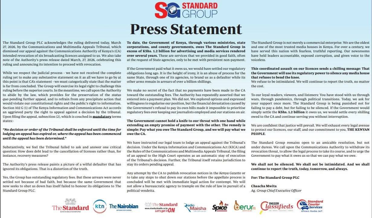 Standard Group Responds to Government After ban